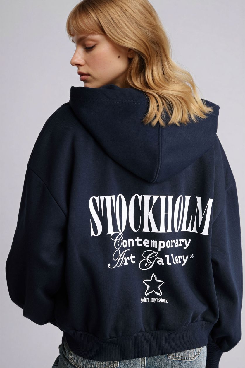 Kadın Lacivert Oversıze Kapüşonlu Baskılı Fermuarlı Sweatshirt
