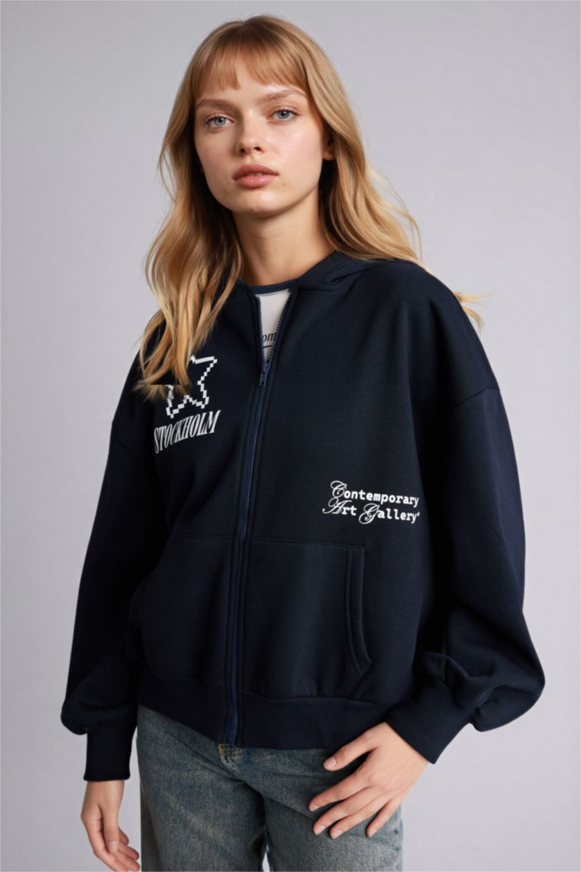 Kadın Lacivert Oversıze Kapüşonlu Baskılı Fermuarlı Sweatshirt