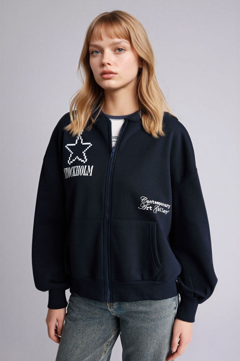 Kadın Lacivert Oversıze Kapüşonlu Baskılı Fermuarlı Sweatshirt