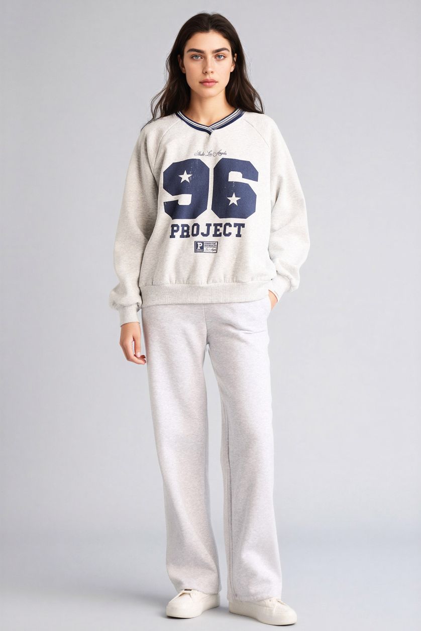 Kadın Gri Melanj Oversıze V Yaka Baskılı Kalın Kumaş Sweatshirt