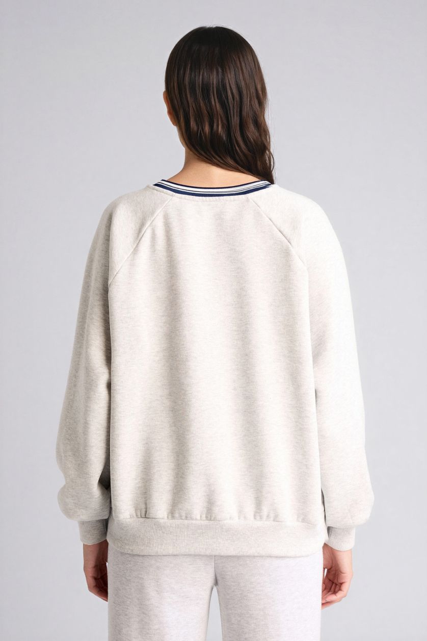 Kadın Gri Melanj Oversıze V Yaka Baskılı Kalın Kumaş Sweatshirt