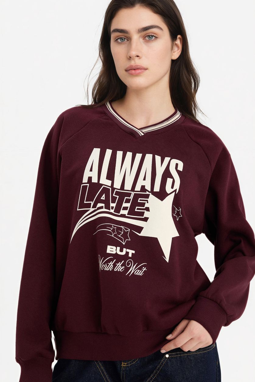 Woman Bordeaux Oversize Fit Printed Long Sleeve Sweatshirt