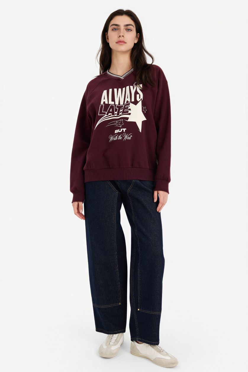 Woman Bordeaux Oversize Fit Printed Long Sleeve Sweatshirt