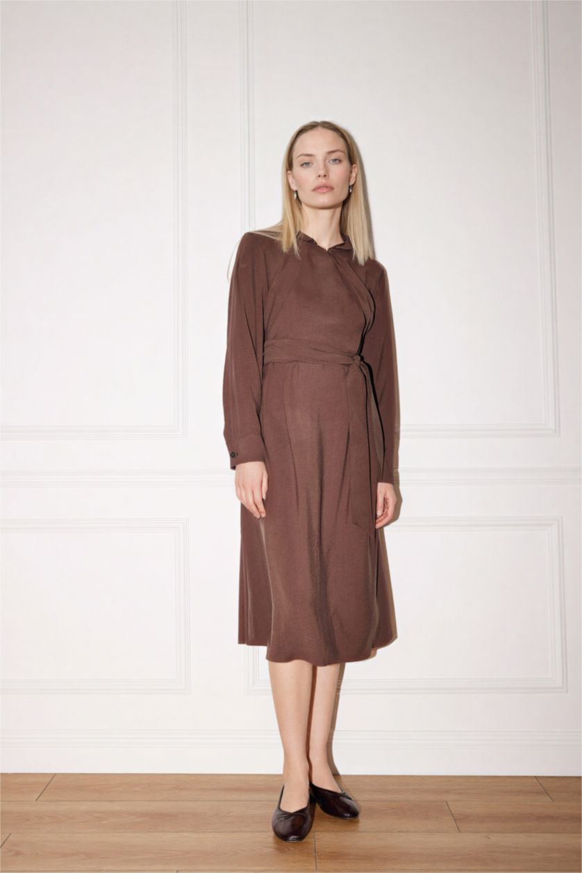 Woman Brown Relax Fit Shirt Collar Dress