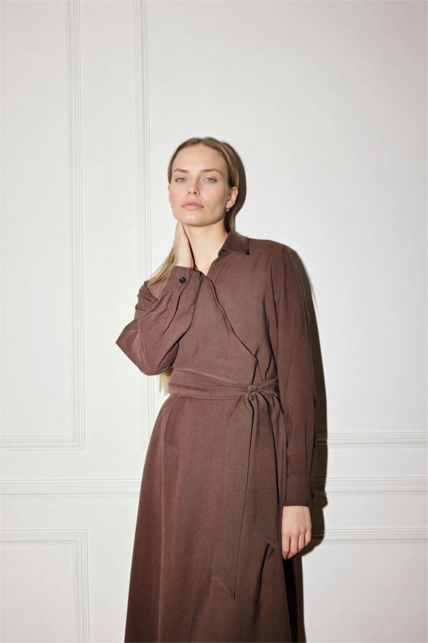 Woman Brown Relax Fit Shirt Collar Dress