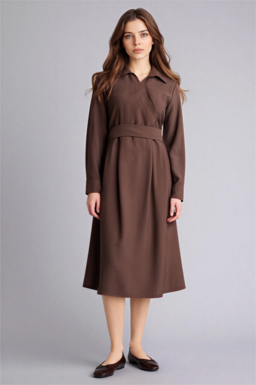 Woman Brown Relax Fit Shirt Collar Dress