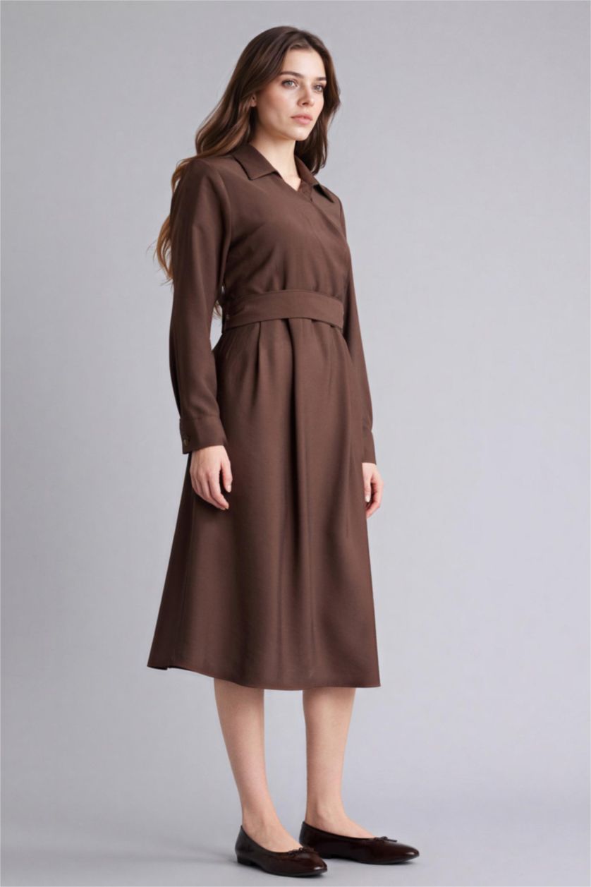 Woman Brown Relax Fit Shirt Collar Dress