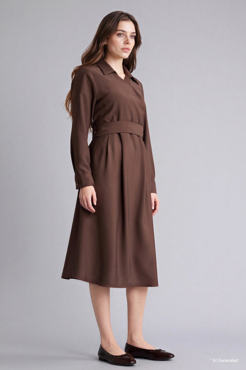 Women Brown Relax Fit Shirt Collar Long Sleeves Dress