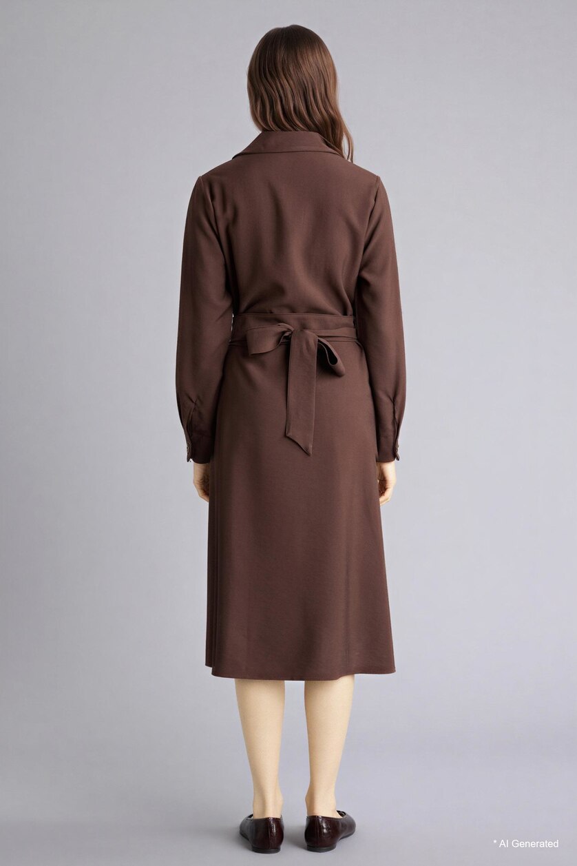 Women Brown Relax Fit Shirt Collar Long Sleeves Dress
