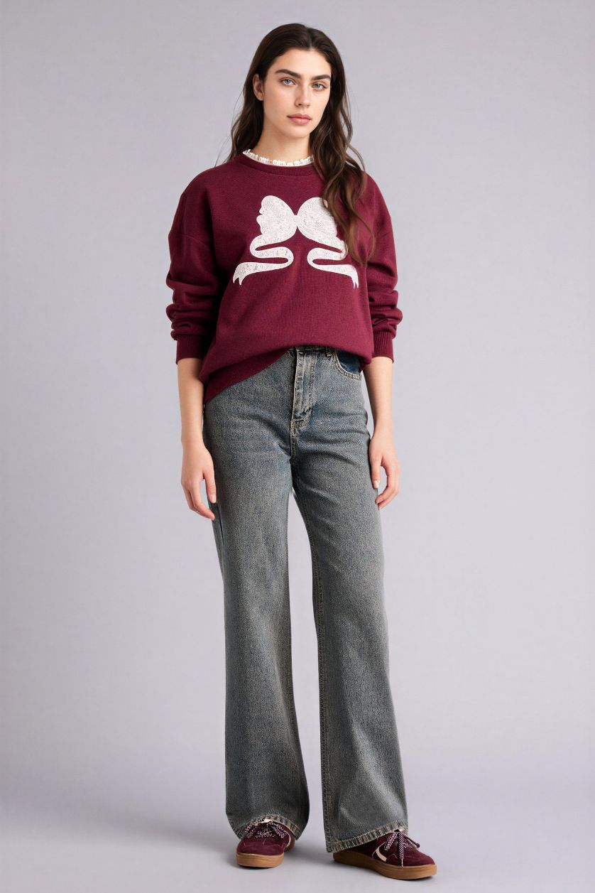 Woman Bordeaux Oversize Fit Printed Long Sleeve Sweatshirt