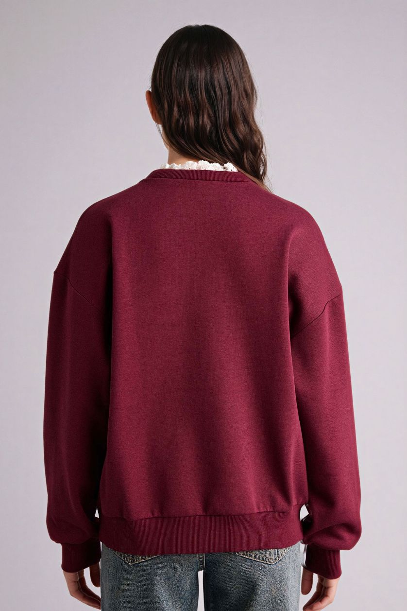 Woman Bordeaux Oversize Fit Printed Long Sleeve Sweatshirt