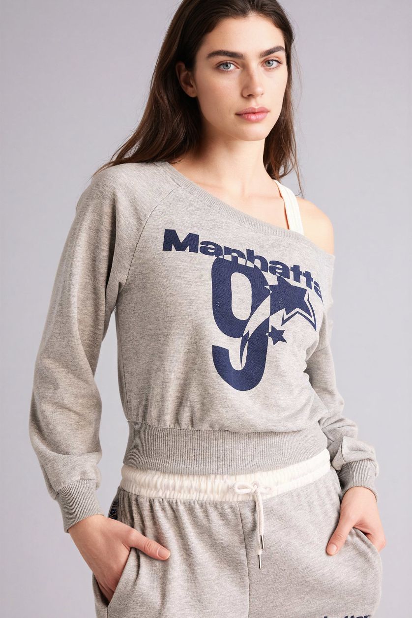 Woman Grey Melange Printed Long Sleeve Sweatshirt