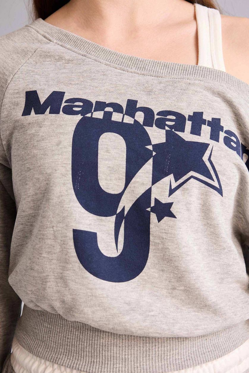 Woman Grey Melange Printed Long Sleeve Sweatshirt