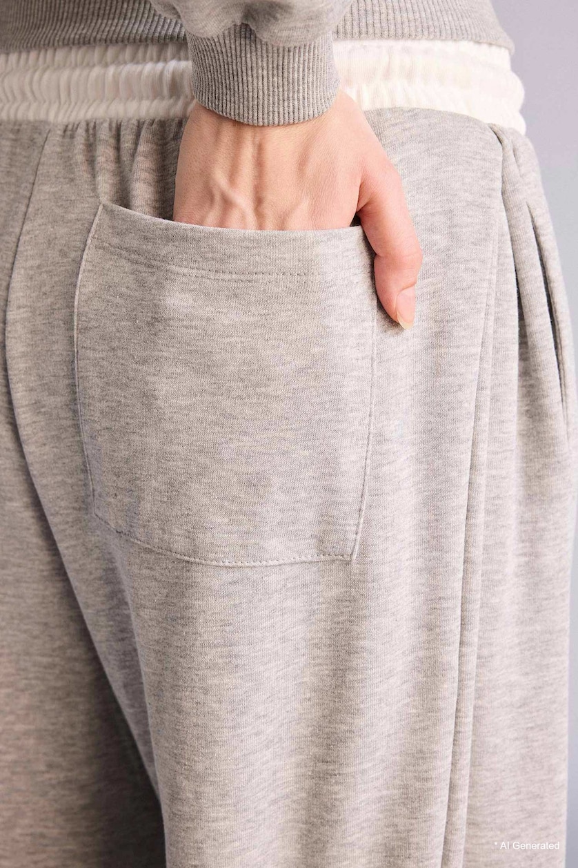 Kadın Gri Melanj Wide Leg Baskılı Elastik Bağlamalı Bel Eşofman Altı