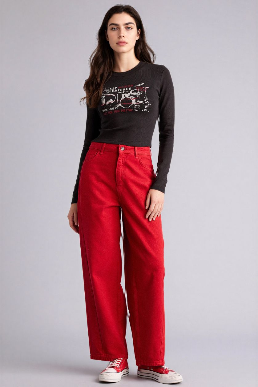 Kadın Antrasit Fıtted Baskılı Ribana Tişört