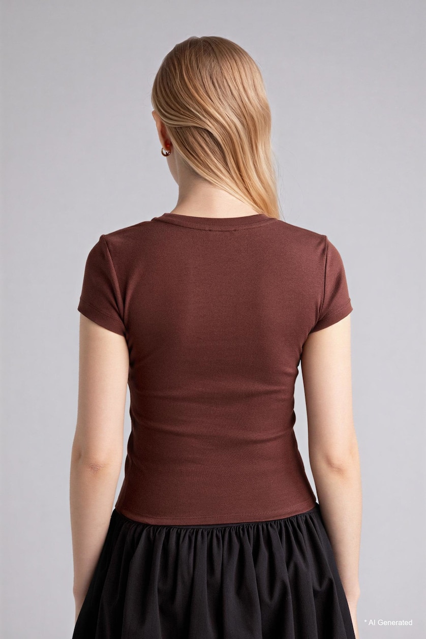 Women Brown Slim Fit Ribana Short Sleeve T-Shirt