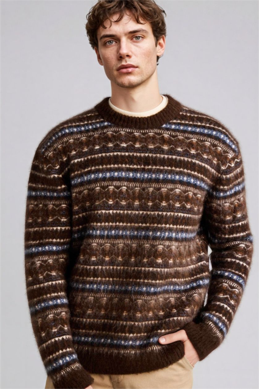 Erkek Koyu Kahve Standart Fıt Triko Kazak