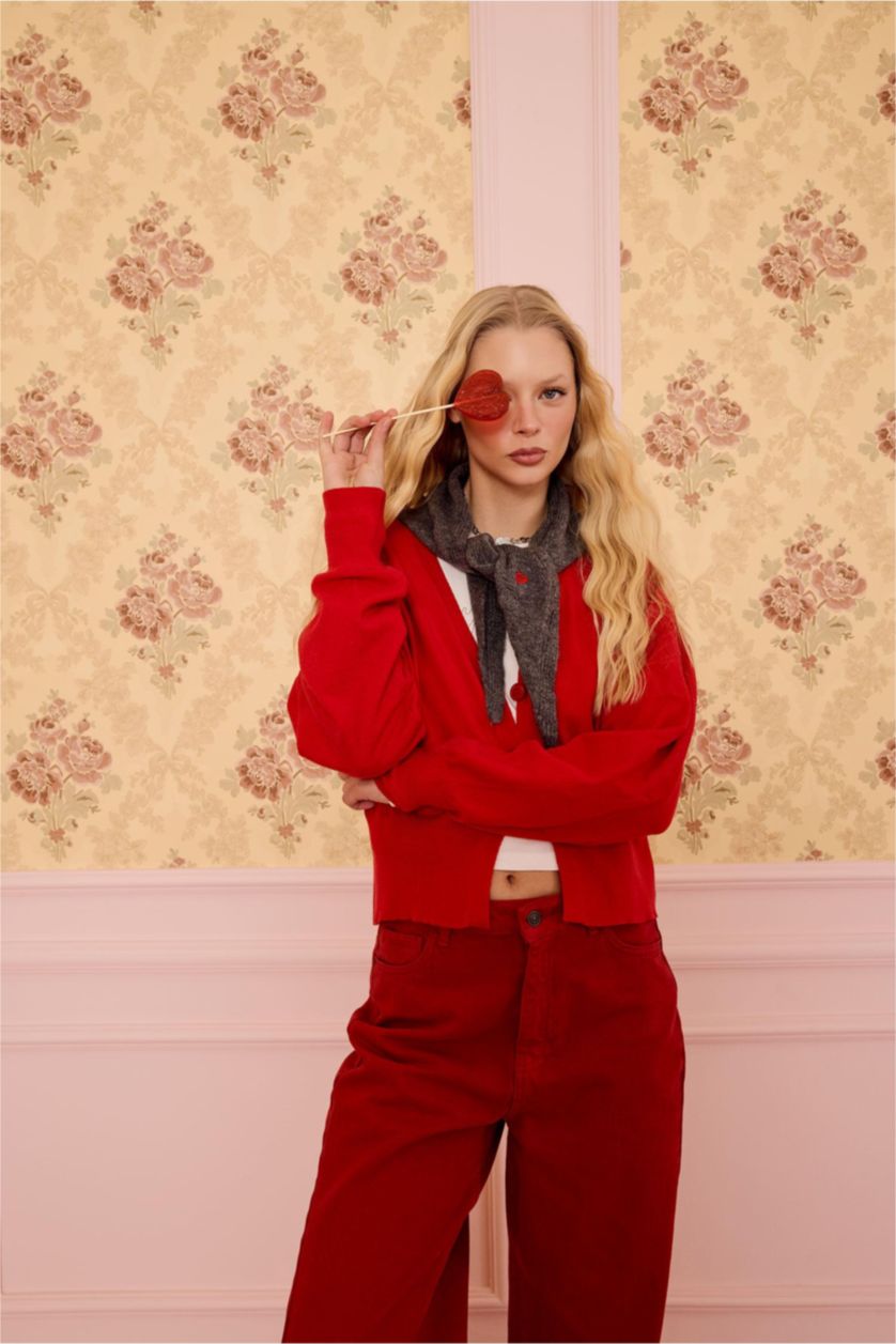 Kadın Kırmızı Oversıze V Yaka Hırka