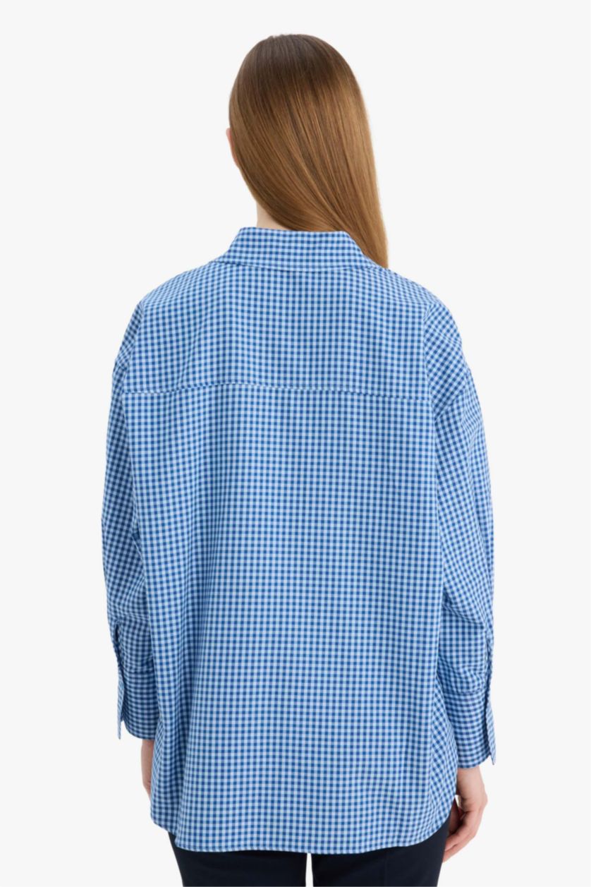 Kadın Koyu Mavi Regular Fıt Kareli Poplin Uzun Kollu Tunik