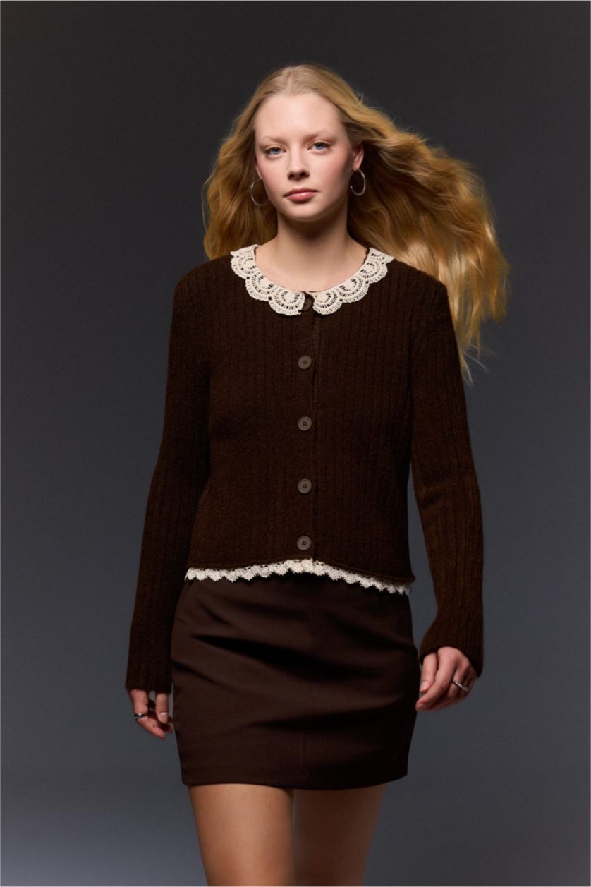 Woman Vison Slim Fit Polo Collar Lace Collar Cardigan