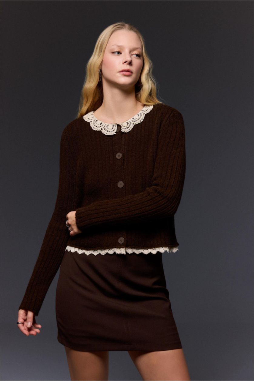 WOMAN Vison Slim Fit Polo Collar Lace Collar Cardigan