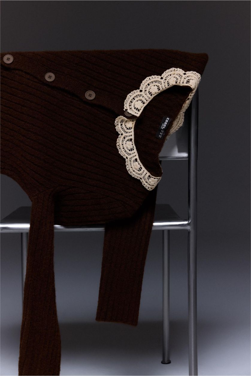 Woman Vison Slim Fit Polo Collar Lace Collar Cardigan