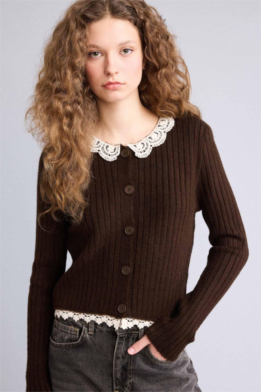 WOMAN Vison Slim Fit Polo Collar Lace Collar Cardigan