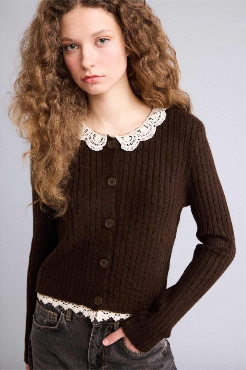WOMAN Vison Slim Fit Polo Collar Lace Collar Cardigan