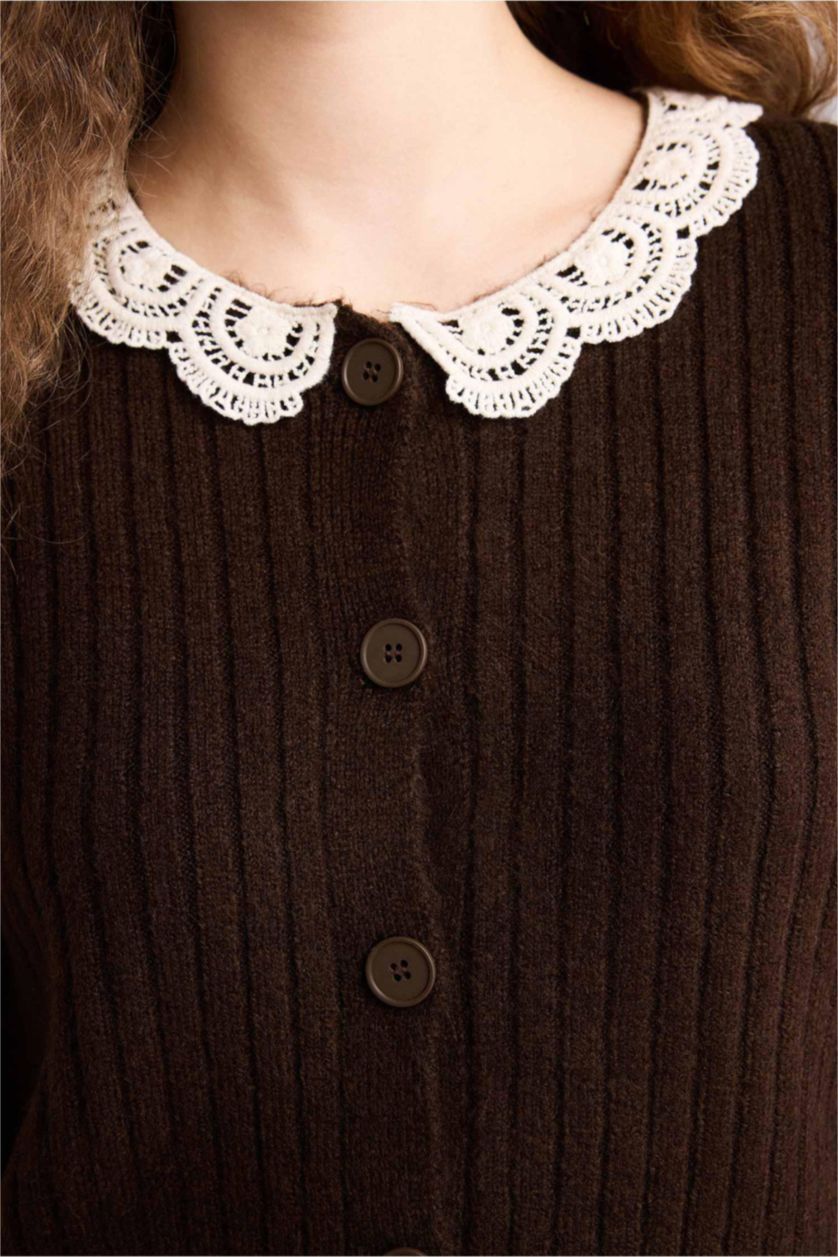 WOMAN Vison Slim Fit Polo Collar Lace Collar Cardigan