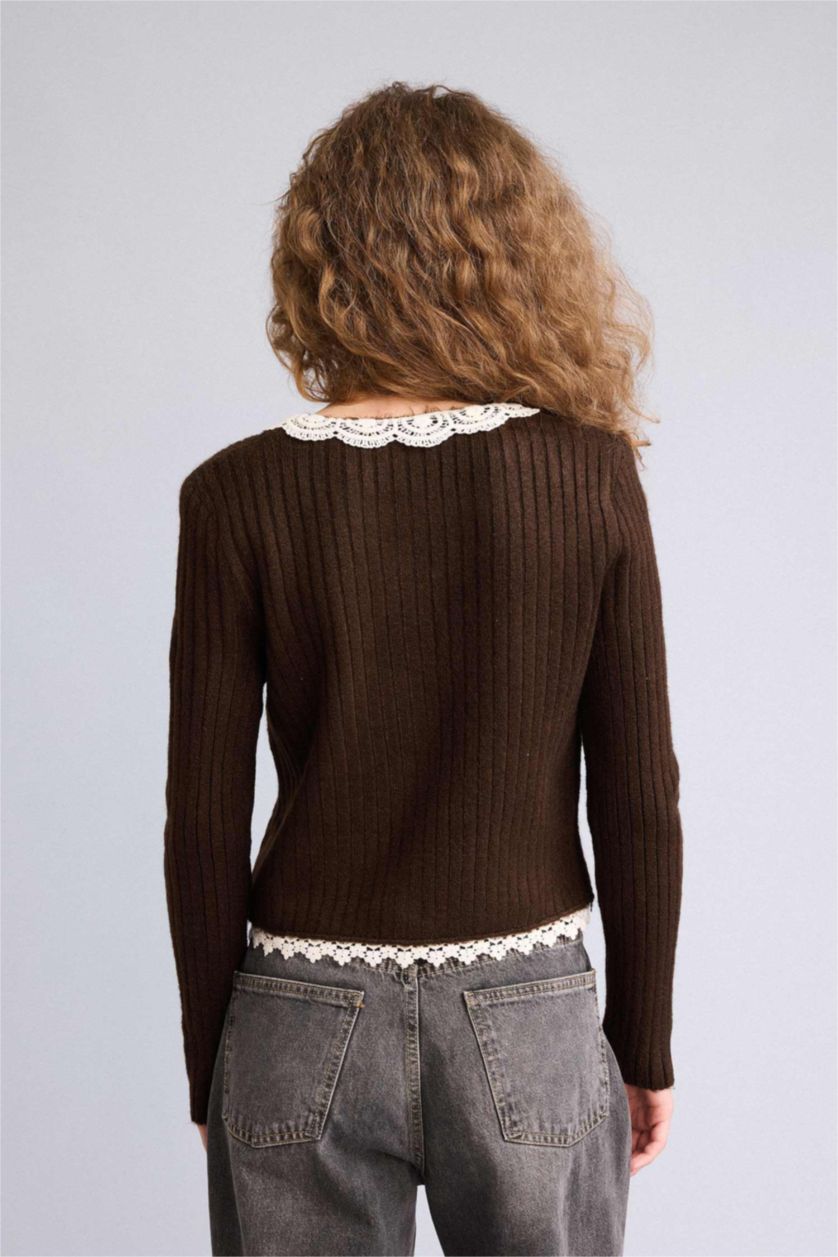 WOMAN Vison Slim Fit Polo Collar Lace Collar Cardigan