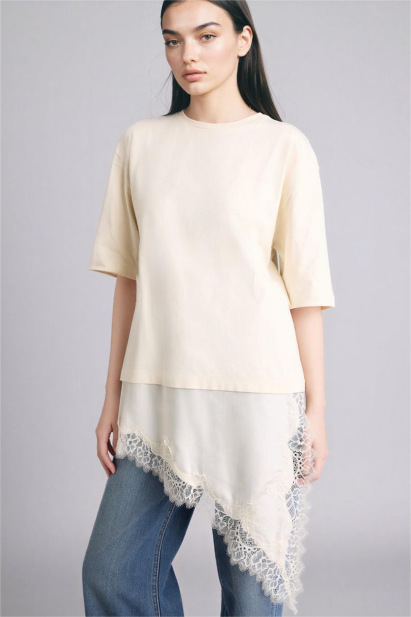 Woman Ecru Relax Regular Fit Crew Neck Premium T-Shirt