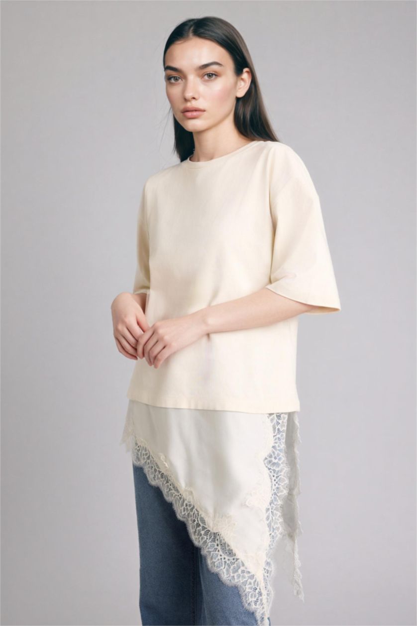 Woman Ecru Relax Regular Fit Crew Neck Premium T-Shirt