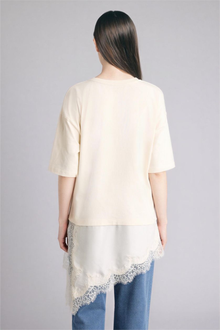 Woman Ecru Relax Regular Fit Crew Neck Premium T-Shirt