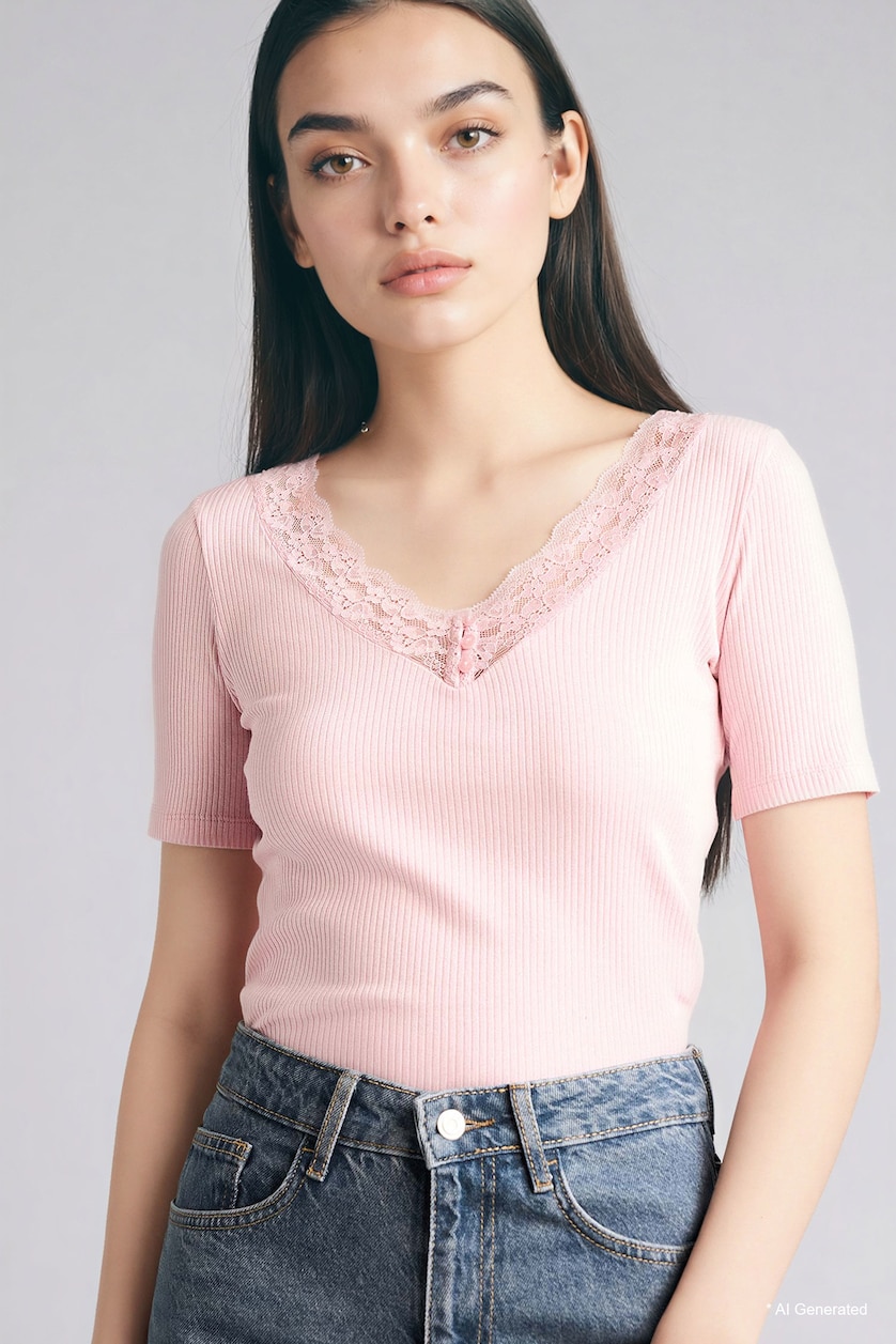 Women Pink 100% Cotton Slim Fit Ribbed Knit T-Shirt