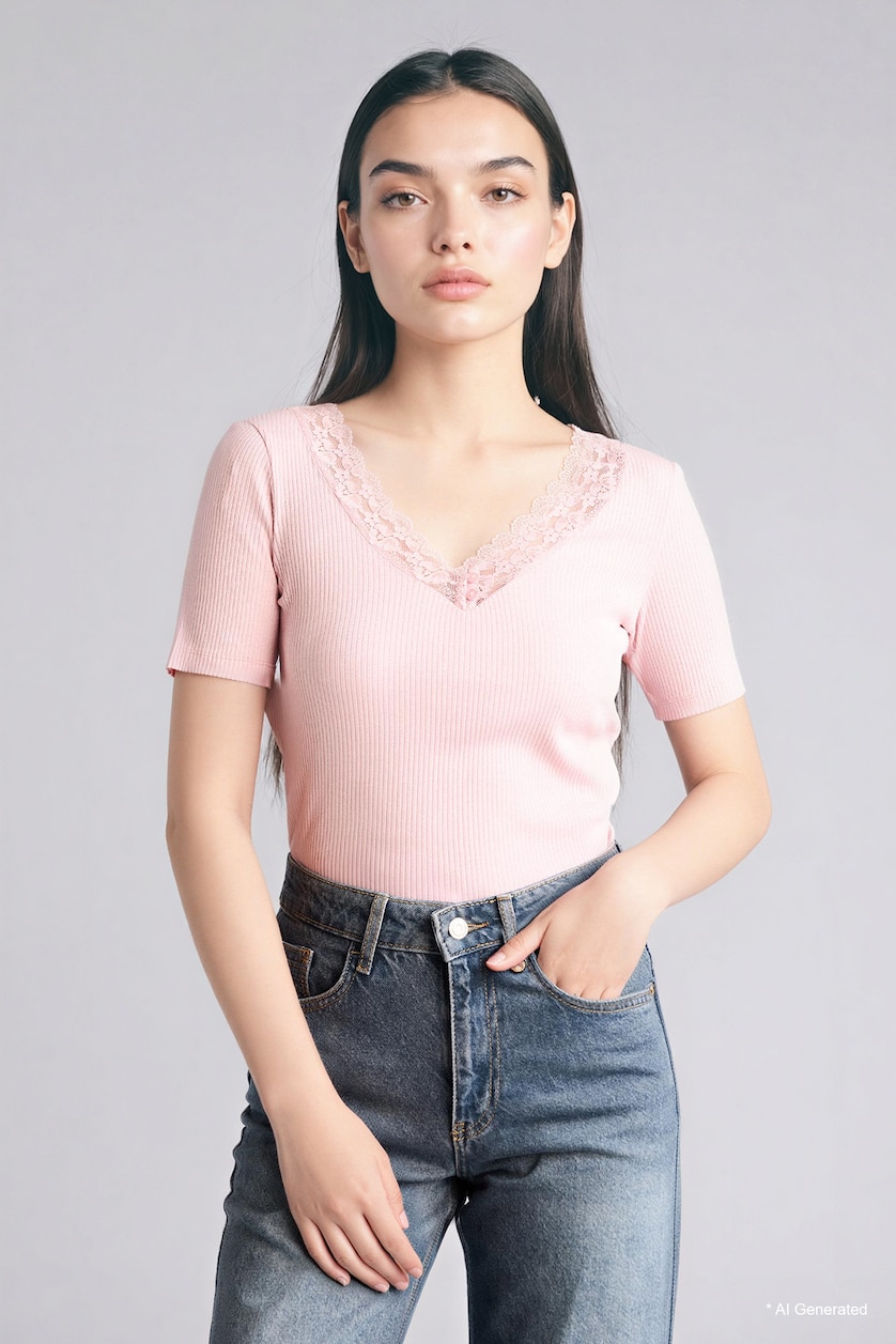 Women Pink 100% Cotton Slim Fit Ribbed Knit T-Shirt