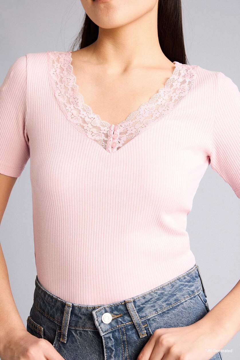 Women Pink 100% Cotton Slim Fit Ribbed Knit T-Shirt