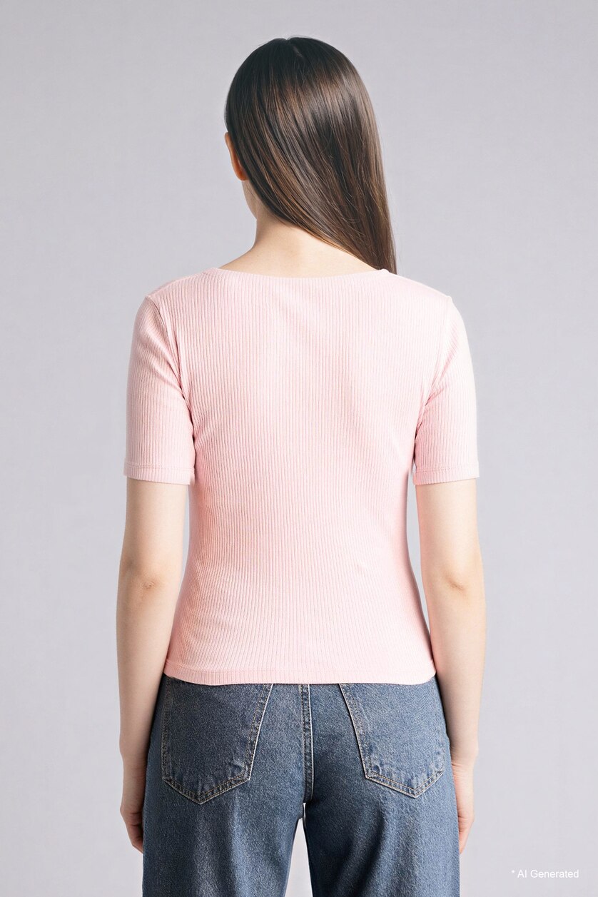Women Pink 100% Cotton Slim Fit Ribbed Knit T-Shirt
