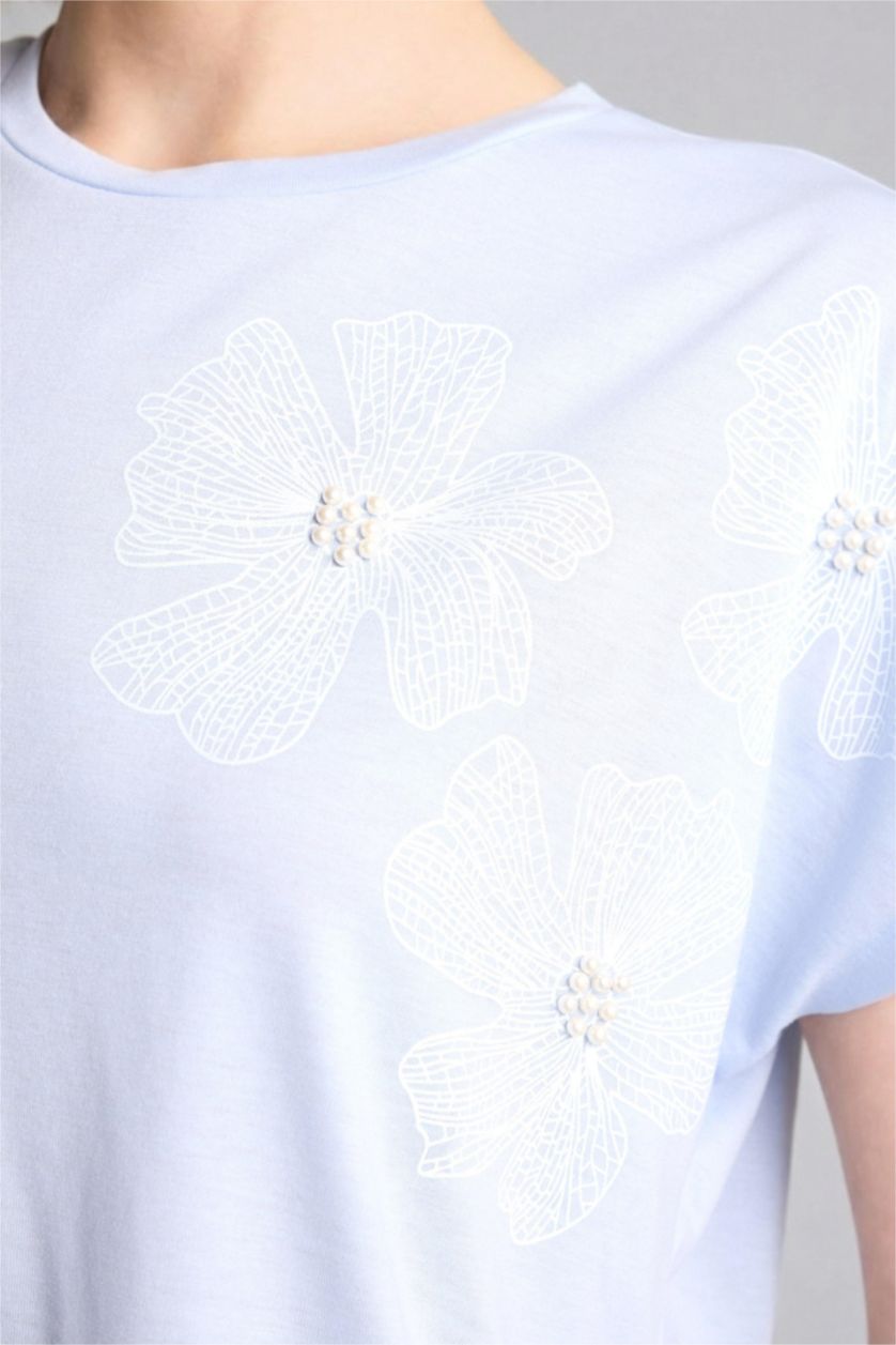 Kadın Açık Mavi Relaxed Fit Kısa kollu Çiçek desenli Tişört