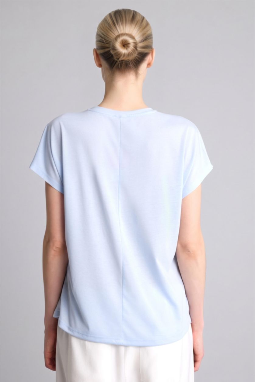 نساء أزرق فاتح تيشيرت نص ردن فلورال قصة مريحة وياخة مستديرة