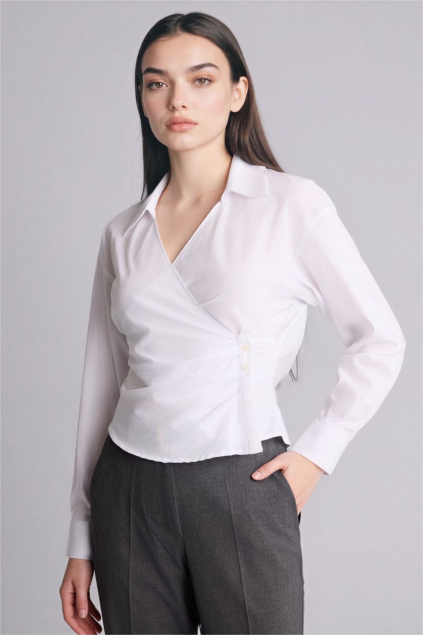 Woman Violet Beyaz Slim Fit Shirt Collar Long Sleeve Shirt