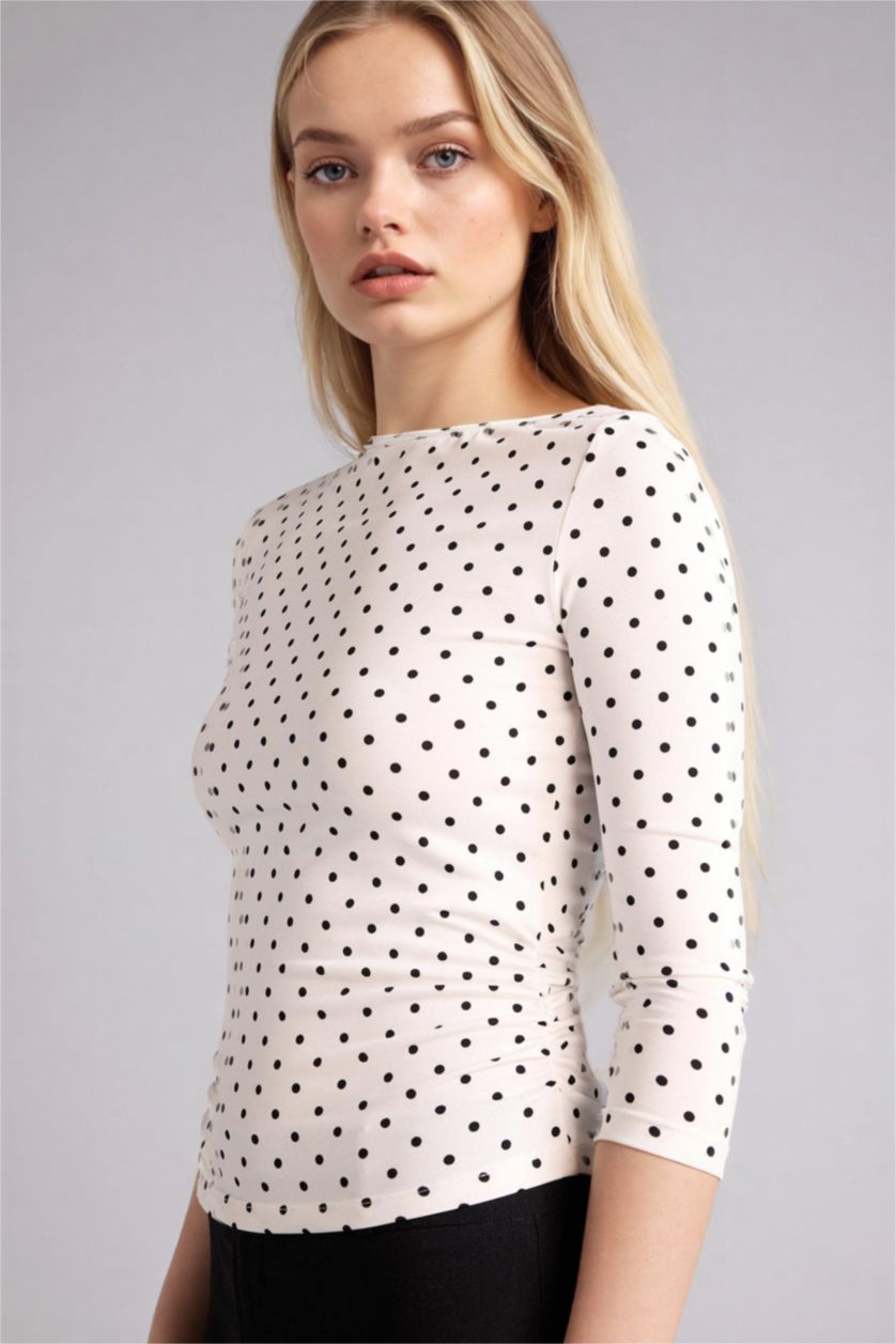 WOMAN White Polka Dot Fitted Boat Neck Blouse