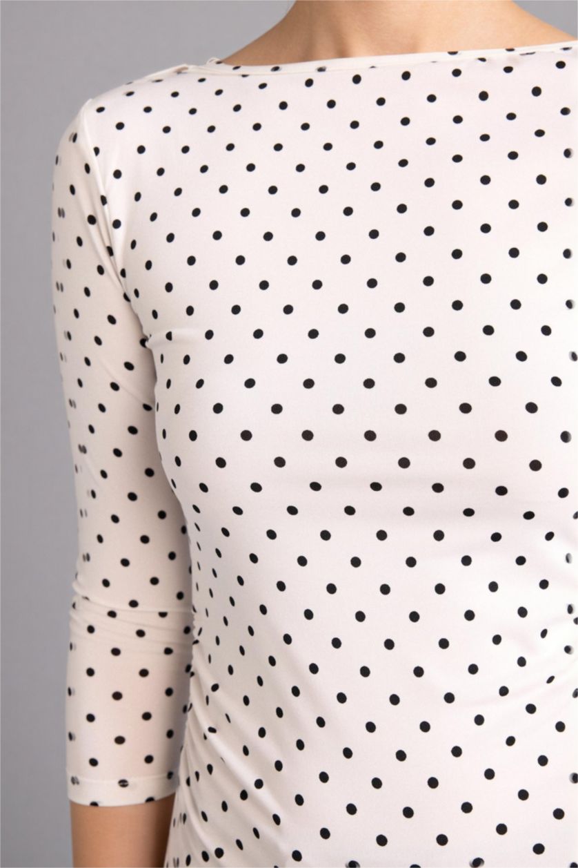 WOMAN White Polka Dot Fitted Boat Neck Blouse