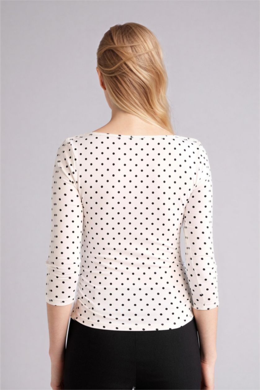 WOMAN White Polka Dot Fitted Boat Neck Blouse