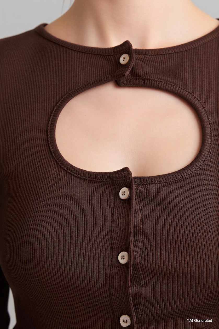 Kadın Kahve Fıtted Bisiklet Yaka Ribana Uzun Kollu Tişört