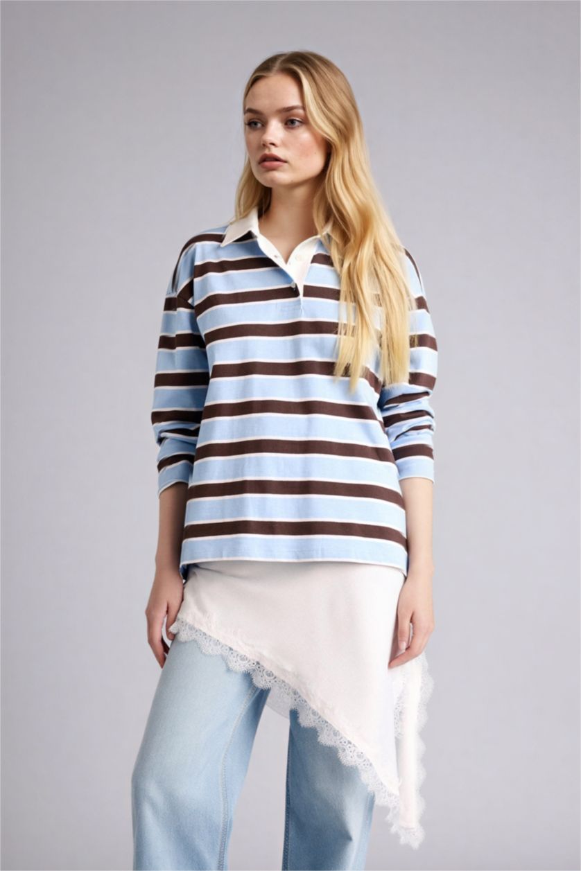 Woman Blue Loose Fit Long Sleeve Sweatshirt