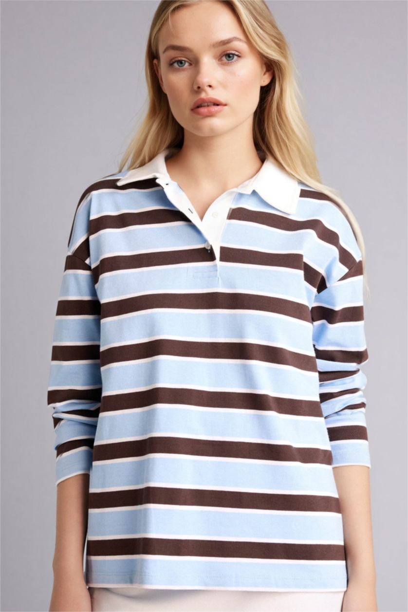 Kadın Mavi Loose Fıt Polo Yaka Sweatshirt