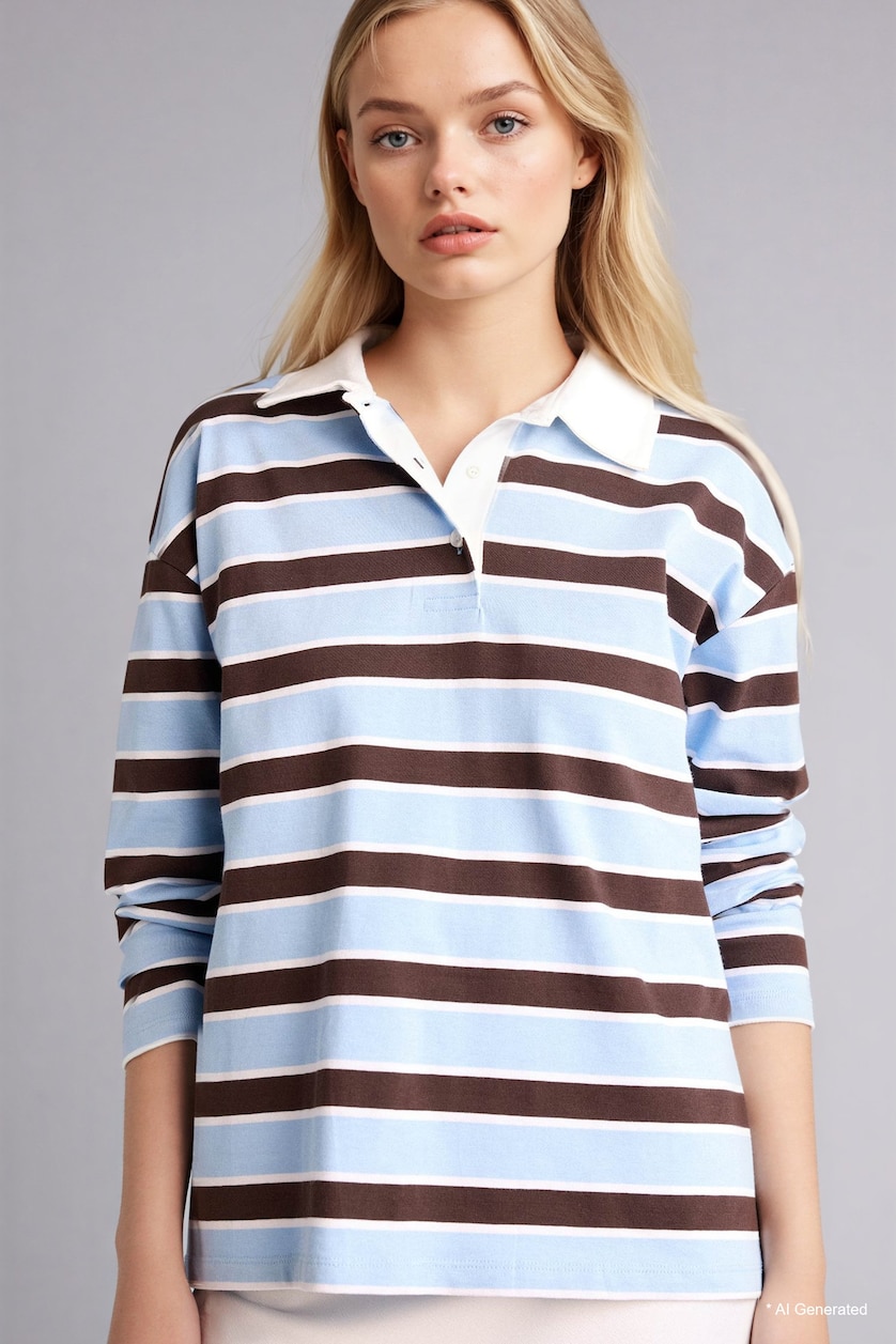 Kadın Mavi %100 Pamuk Loose Fıt Polo Yaka Sweatshirt