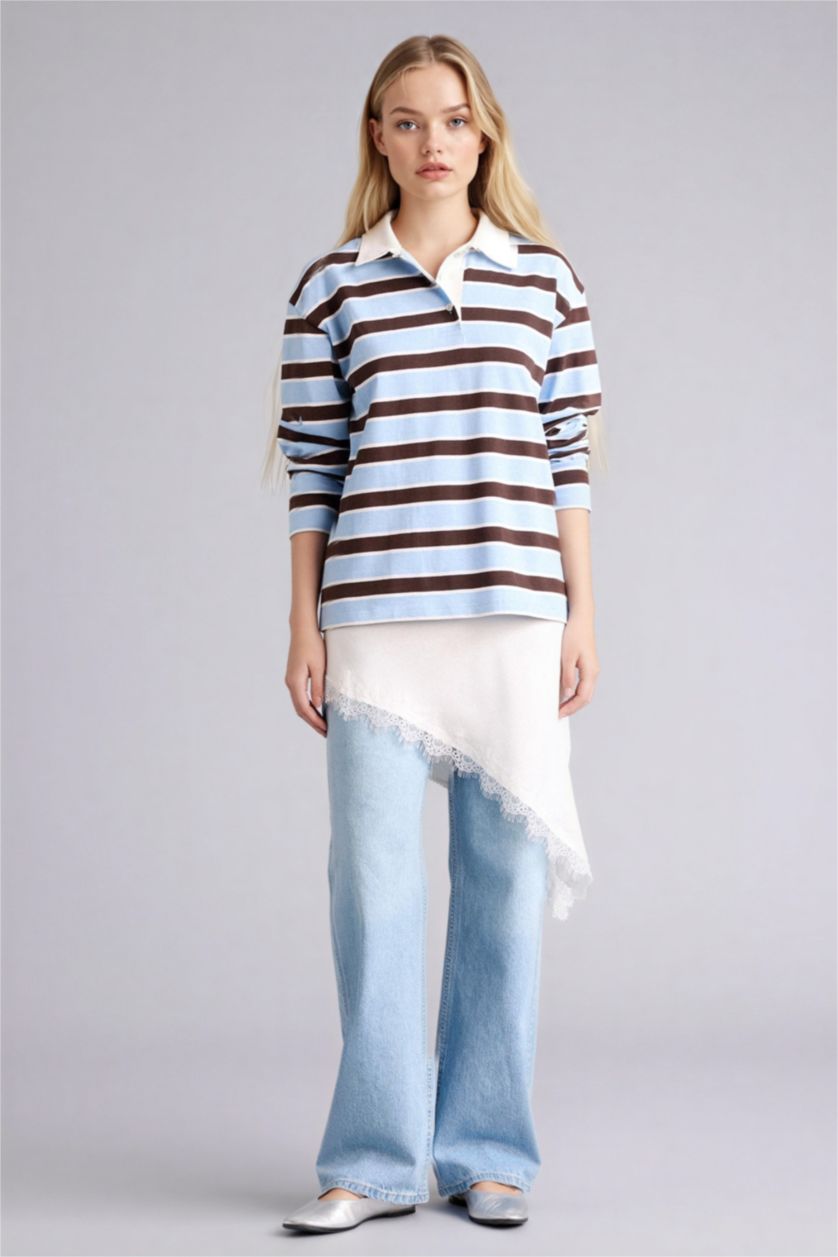 Kadın Mavi Loose Fıt Polo Yaka Sweatshirt