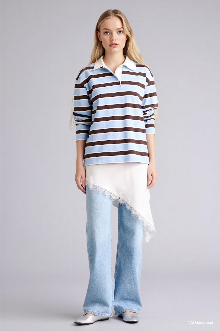 Kadın Mavi %100 Pamuk Loose Fıt Polo Yaka Sweatshirt