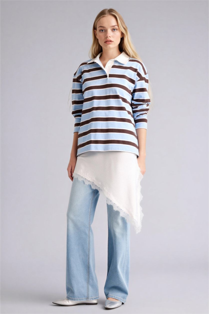 Kadın Mavi Loose Fıt Polo Yaka Sweatshirt